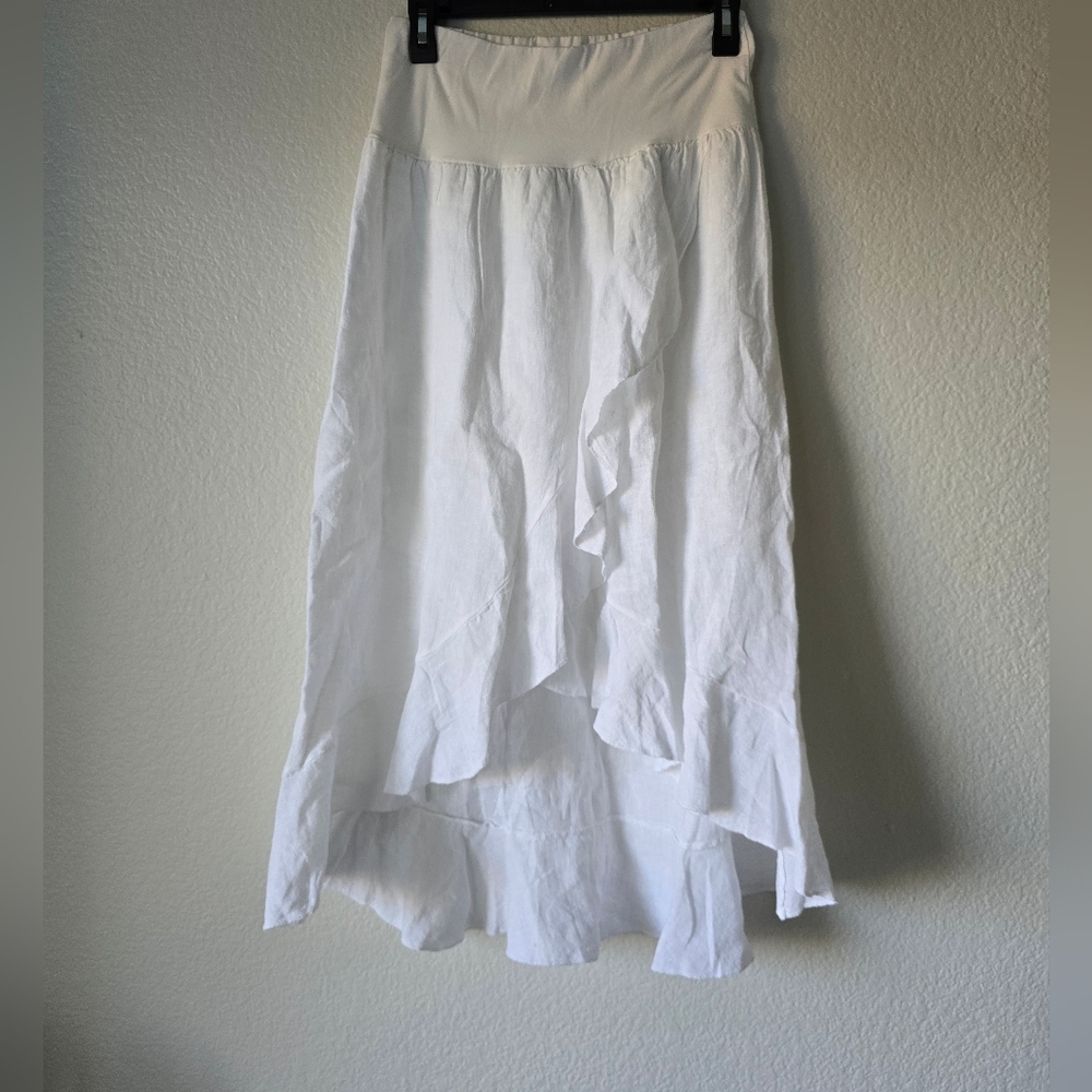 NWOT Italian Linen White Stretch Cotton Waist High Low Ruffle Skirt Small